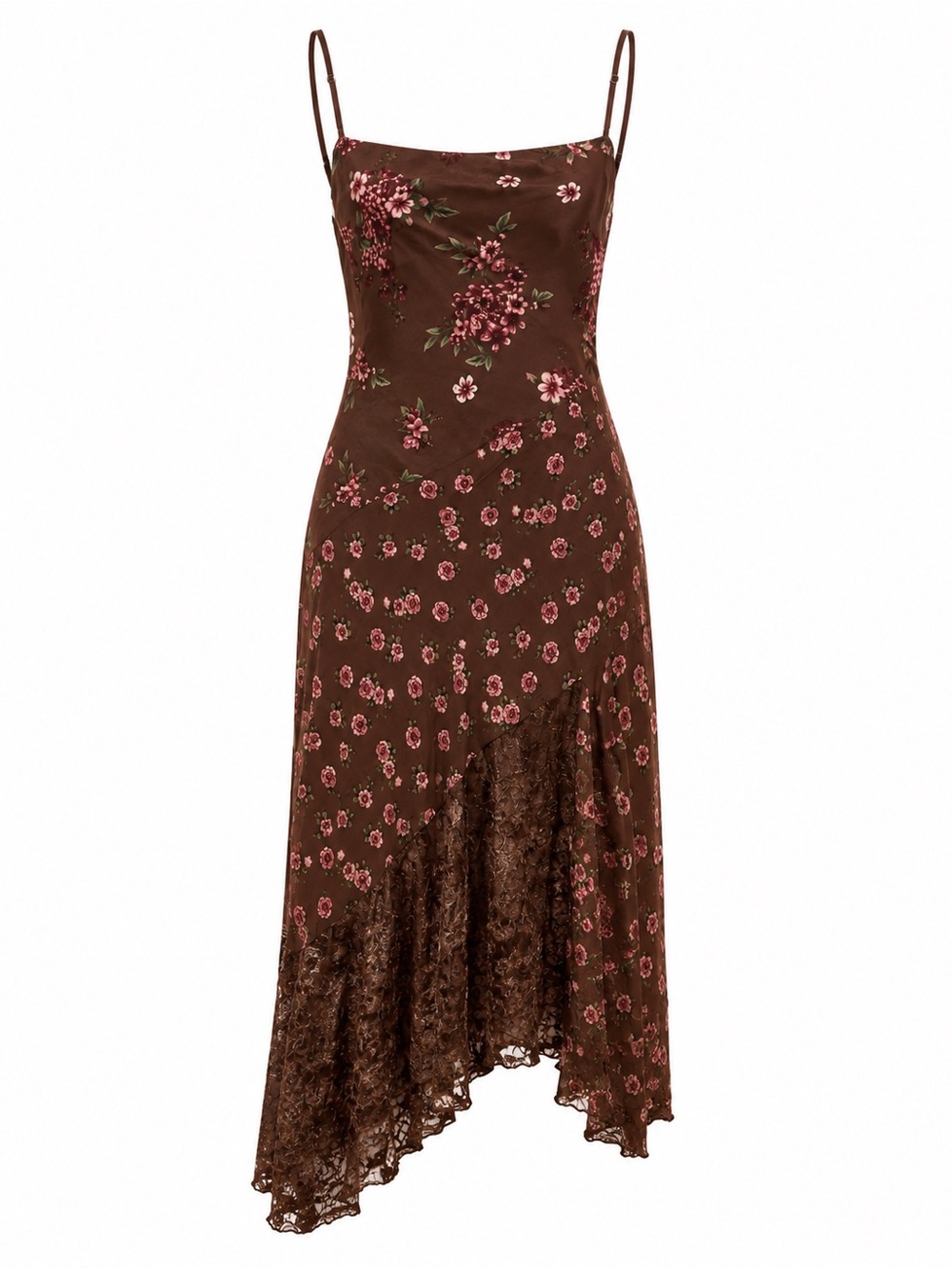 Sincerely Jules Brown Floral Satin Slip Dress with Pink Bloom Print